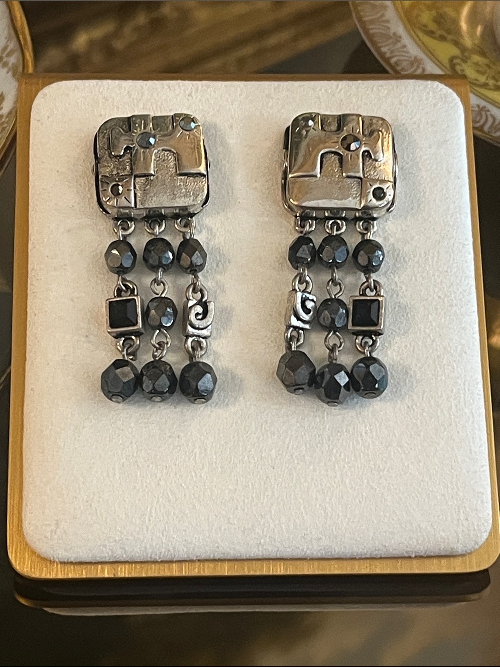 Silver and Black Beaded Drop Earrings
